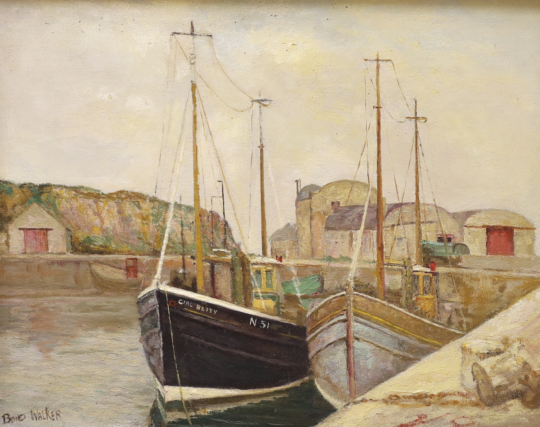 David Bond Walker (1891-1977), oil on canvas, Coastal harbour with moored fishing boats, signed, 40 x 50cm